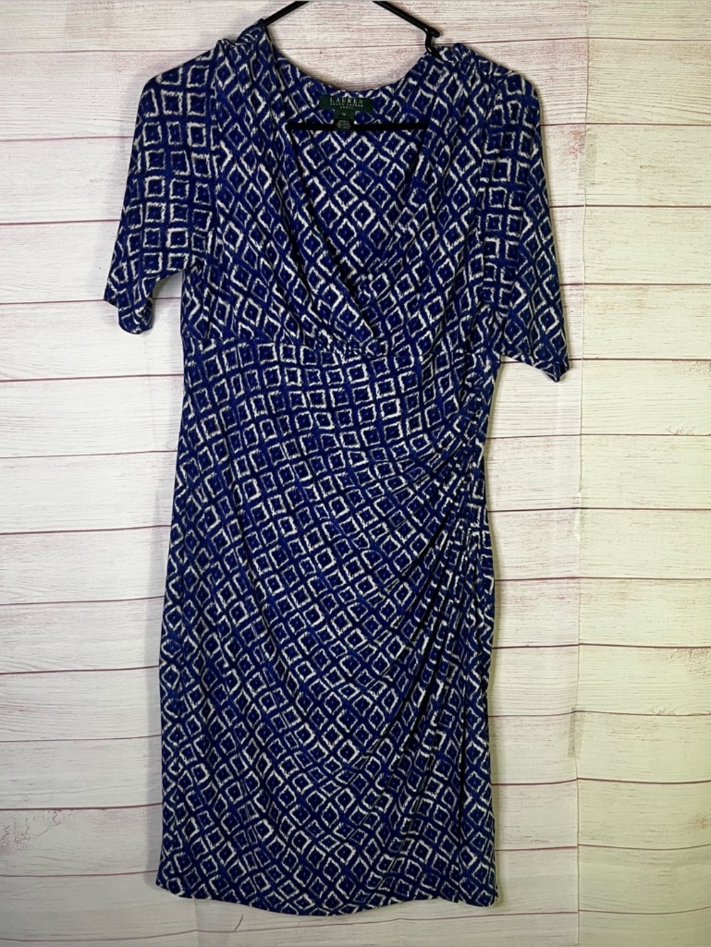 Lauren Ralph Lauren Blue Ruched Faux‎ Wrap Dress Size 14
